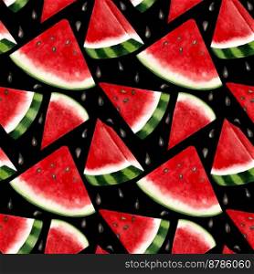 Summer seamless beckgrouns og juicy watermelon. Watercolor seamless pattern with whole and sliced watermelons