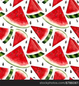 Summer seamless beckgrouns og juicy watermelon. Watercolor seamless pattern with whole and sliced watermelons