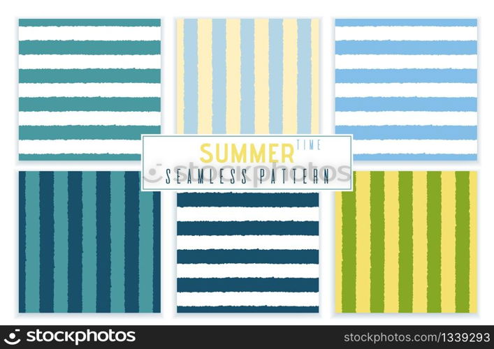 Summer Seamless Striped Pattern and Background Set. Vertical and Horizontal Brush Lines. Abstract Wrapping Paper. Fabric Cover and Textile. Creative Vector Business Template. Flat Illustration. Summer Seamless Striped Pattern and Background Set