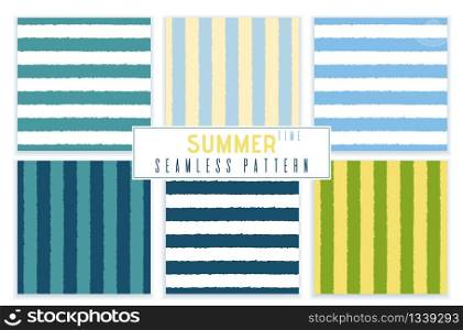 Summer Seamless Striped Pattern and Background Set. Vertical and Horizontal Brush Lines. Abstract Wrapping Paper. Fabric Cover and Textile. Creative Vector Business Template. Flat Illustration. Summer Seamless Striped Pattern and Background Set