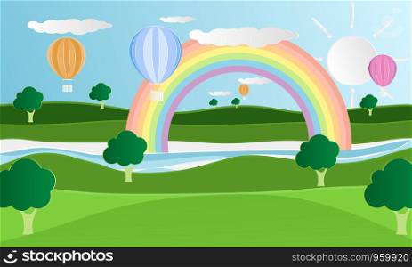 Summer season with rainbows on blue sky and clouds background. Sea beach and mountain Landscape nature green view flowers balloons gift on air .Creative design Paper cut craft style graphic card and poster. Eps10 vector. illustration
