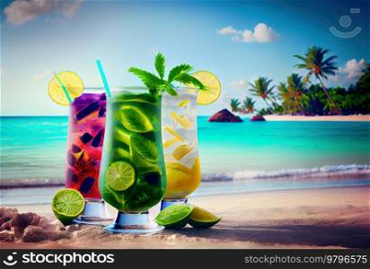 Summer set of coctails drinks by the tropical sea. Summer coctails by the sea