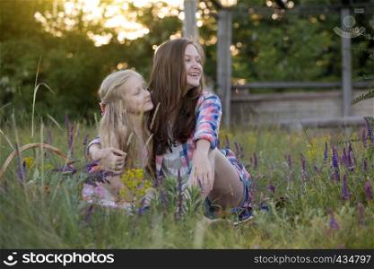 summer - Smiling girls sisters have fun in a meadow
