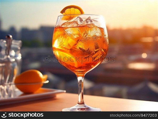 Summer spritz cocktail on table restaurant terrace.AI generative