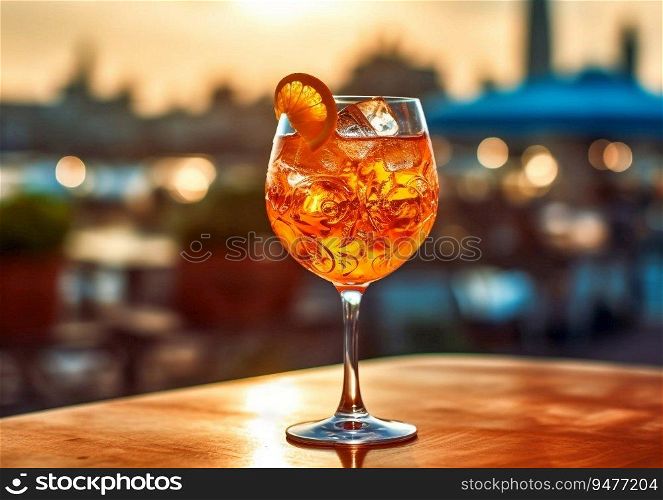 Summer spritz cocktail on table restaurant terrace.AI generative
