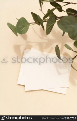 Summer stationery mock-up scene. Blank business card, green eucaliptus leaves, beige textured table background. Flat lay, top view. summer stationery mock-up scene.