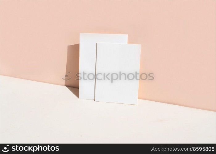 summer stationery mock-up scene. Blank business card on beige textured table background, toned. summer stationery mock-up scene.