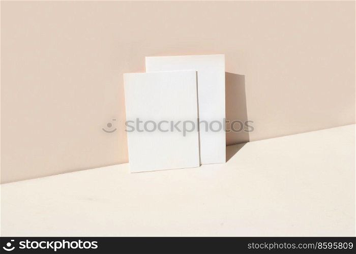 summer stationery mock-up scene. Blank business card on beige textured table background, toned. summer stationery mock-up scene.