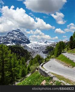 Summer Stelvio Pass with fir forest and snow on mountain top (Italy). Two shots stitch image.
