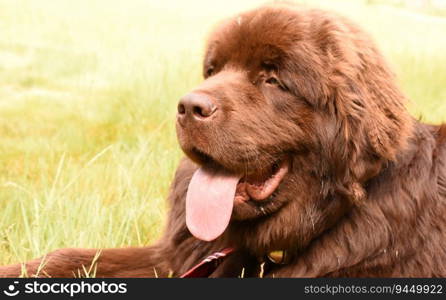 Summer sun beating down on a hot brown Newfoundland dog with his tongue out.
