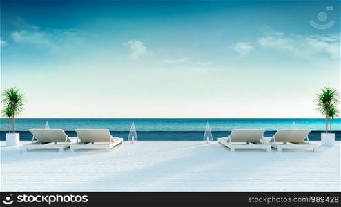 Summer , sun longers on Sunbathing deck and private swimming pool with panoramic sea view at luxury villa/3d rendering