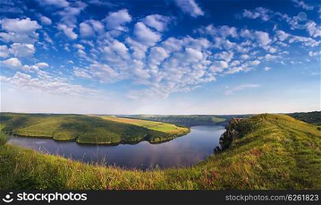 Summer sunny morning on the river Dniester in canyon