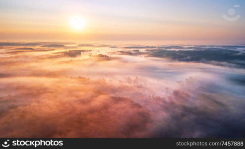 Summer sunrise and morning fog over woodland aerial panorama. Summer nature landscape. Nature sunlight scene with beams of light. Belarus, Europe