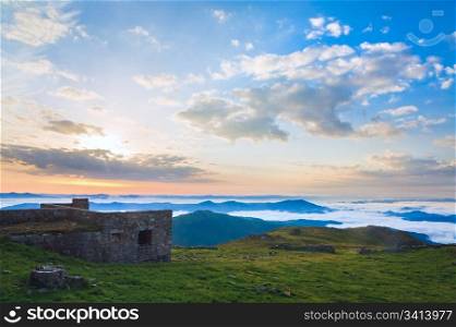 Summer sunrise observatory ruins view on Pip Ivan mountain top (Chornogora Ridge, Carpathian, Ukraine)