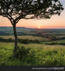 Summer sunset landscape overlooking English countryside