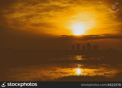 Summer Sunset Over Bucharest City Skyline In Romania