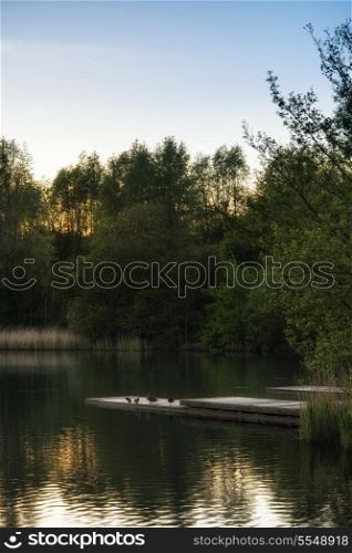Summer sunset reflected in calm lake waters
