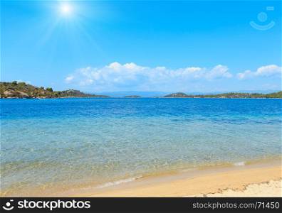 Summer sunshiny sea coast landscape (Livari beach, Halkidiki, Sithonia, Greece).