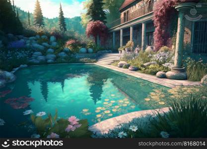 Summer swimming pool with blue water in the garden. Illustration Generative AI 