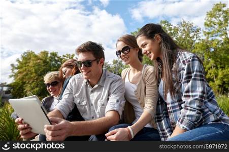 summer, technology, education and teenage concept - group of happy students or teenagers with tablet pc computer taking selfie