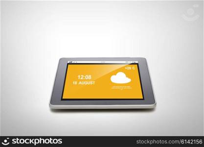 summer, technology, weather cast and modern gadget concept - close up of tablet pc computer with meteo forecast over gray background