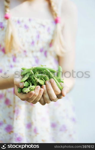 summer - the smiling girl is holding a green peas in her hands