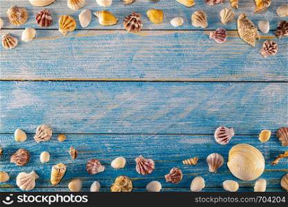 Summer time concept with sea shells on a blue wooden background. Seashells frame on wooden background nautical border. Focus on seashells.