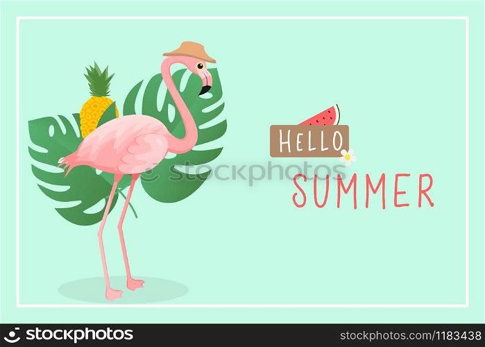 Summer Time Flamingo with tropical leaf and fruit banner , vector illustration