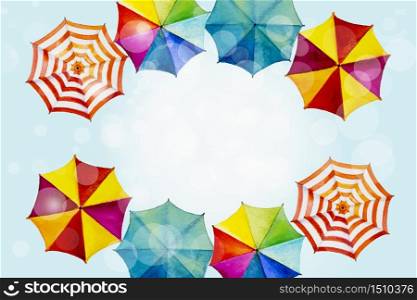 Summer time multicolor umbrella top view - Watercolor painting banner design with text copy space and accessories, summer holiday party, beautiful season in blue background. Painted illustration