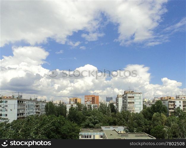 Summer town landscape with blue sky