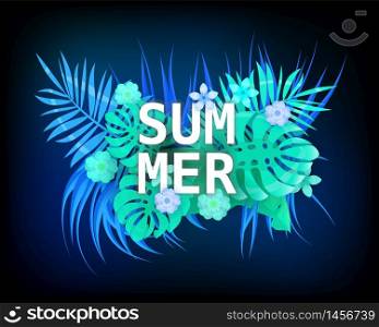 Summer trendy neon tropical leaves exotical plants palm jungle leaf. Summer trendy neon tropical leaves exotical plants palm jungle leaf. Trending colors on dark background template banner. Vector illustration isolated