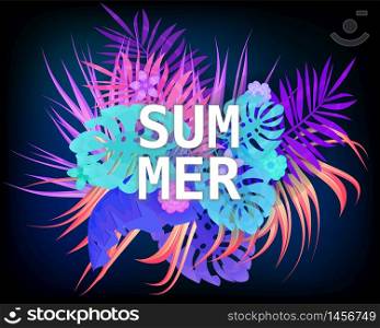 Summer trendy neon tropical leaves exotical plants palm jungle leaf. Summer trendy neon tropical leaves exotical plants palm jungle leaf. Trending colors on dark background template banner. Vector illustration isolated