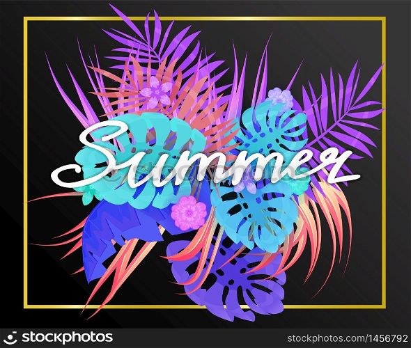 Summer trendy neon tropical leaves exotical plants palm jungle leaf lettering. Summer trendy neon tropical leaves exotical plants palm jungle leaf lettering. Trending colors on dark background template banner. Vector illustration isolated