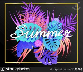Summer trendy neon tropical leaves exotical plants palm jungle leaf lettering. Summer trendy neon tropical leaves exotical plants palm jungle leaf lettering. Trending colors on dark background template banner. Vector illustration isolated