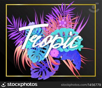 Summer trendy neon tropical leaves exotical plants palm jungle leaf lettering trending colors. Summer trendy neon tropical leaves exotical plants palm jungle leaf. Lettering trending colors on dark background template banner. Vector illustration isolated