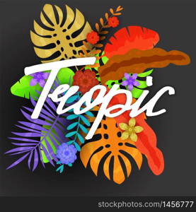 Summer trendy tropical leaves exotical plants palm jungle leaf lettering trending colors. Summer trendy tropical leaves exotical plants palm jungle leaf. Lettering trending colors on dark background template banner. Vector illustration isolated