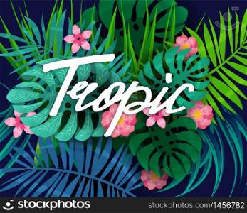 Summer trendy tropical leaves exotical plants palm jungle leaf lettering trending colors. Summer trendy tropical leaves exotical plants palm jungle leaf. Lettering trending colors on dark background template banner. Vector illustration isolated