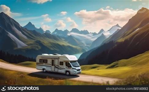 Summer Trip to the Mountains on Motorhome with Parked for Rest in the Scenic Highlands. Generative ai. High quality illustration. Summer Trip to the Mountains on Motorhome with Parked for Rest in the Scenic Highlands. Generative ai