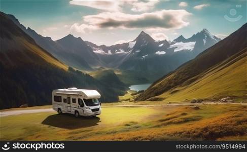 Summer Trip to the Mountains on Motorhome with Parked for Rest in the Scenic Highlands. Generative ai. High quality illustration. Summer Trip to the Mountains on Motorhome with Parked for Rest in the Scenic Highlands. Generative ai