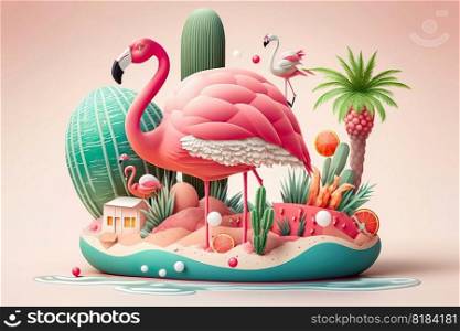 Summer troπcal , Flamingo with watermelon, beach umbrella, palm trees, Summer festive vacation beach background , Ge≠rate Ai