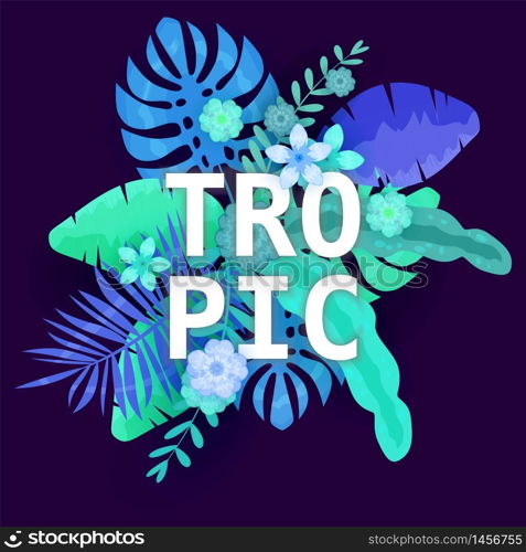 Summer Tropic trendy neon tropical leaves exotical plants palm jungle leaf. Summer Tropic trendy neon tropical leaves exotical plants palm jungle leaf. Trending colors on dark background template banner. Vector illustration isolated