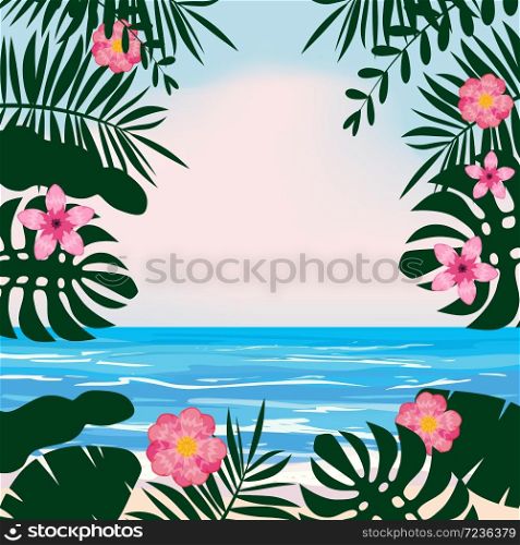 Summer tropical background with exotic floral plants leaves palm, beach ocean seashore. Summer tropical background with exotic floral plants leaves palm, beach ocean seashore, sky, clouds. Template summertime vacation holiday baner, poster, flyer, invitation card vector, isolated