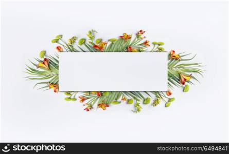 Summer tropical creative design with palm leaves and exotic flowers for banner or flyer on white background