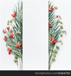 Summer tropical design layout frame with green palm leaves and exotic flowers on white background, vertical