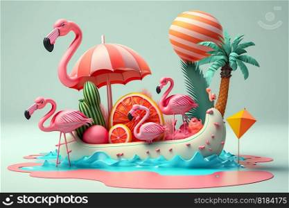 Summer tropical , Flamingo with watermelon, beach umbrella, palm trees, Summer festive vacation beach background , Generate Ai