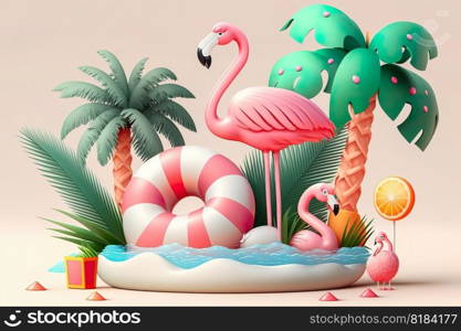 Summer tropical , Flamingo with watermelon, beach umbrella, palm trees, Summer festive vacation beach background , Generate Ai