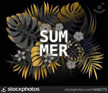 Summer tropical leaves exotical plants palm jungle leaf. Summer tropical leaves with black and gold exotical plants palm jungle leaf. Trending colors on dark background template banner. Vector illustration isolated