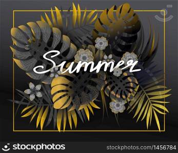 Summer tropical leaves exotical plants palm jungle leaf lettering. Summer tropical leaves lettering with black and gold exotical plants palm jungle leaf. Trending colors on dark background template banner. Vector illustration isolated