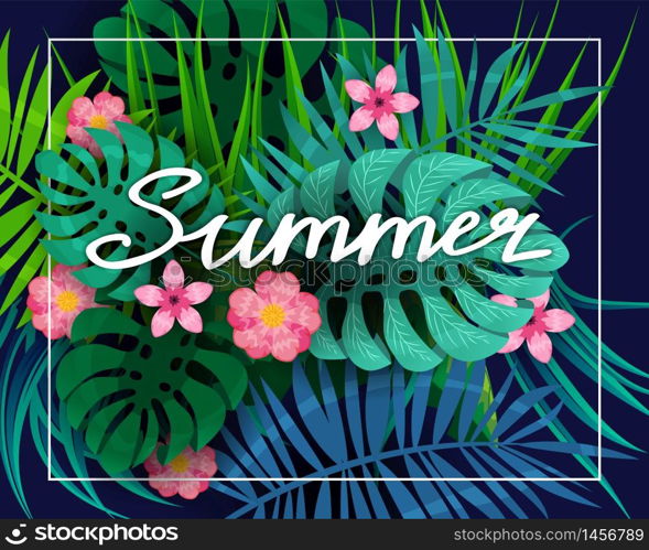 Summer tropical leaves exotical plants palm jungle leaf lettering. Summer tropical leaves exotical plants palm jungle leaf lettering. Trending colors on dark background template banner. Vector illustration isolated