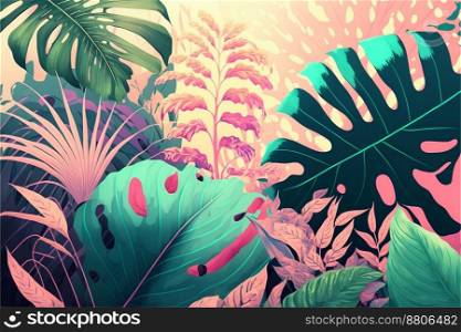 Summer tropical pastel background with palm and monstera leaves